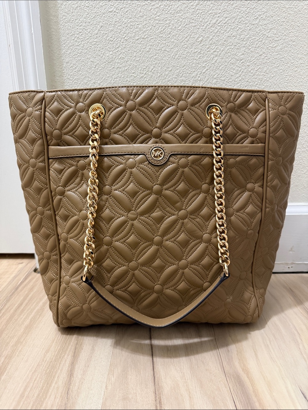 Michael Kors Quilted Taupe Blaire Tote with Gold Chain Straps
